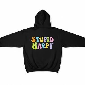 Hangover Hoodies Men's L Stupid Happy Colorful Print Black 50/50 Sweatshirt
